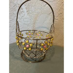 Vintage Silver Tone Wire Basket with Beaded Pastel Flowers - Cottagecore Decor